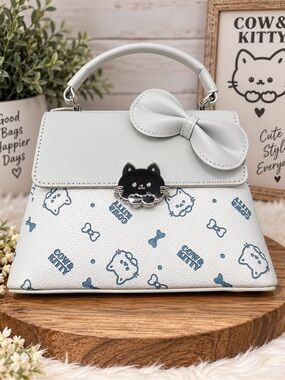 Cow & Kitty Cute Cat Bow Handbag Purse – White & Blue